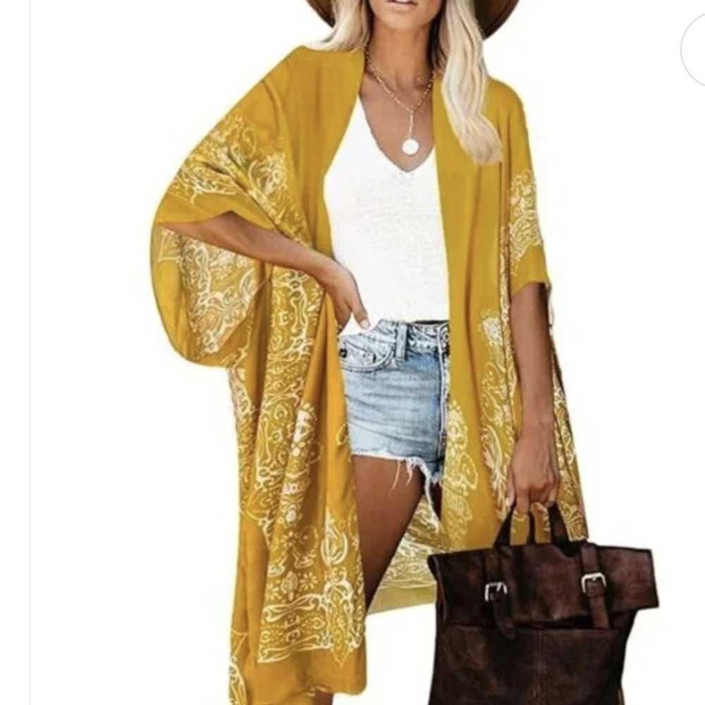 Mustard Yellow Printed Kimono Shawl - Lightweight Women’s Cover-Up